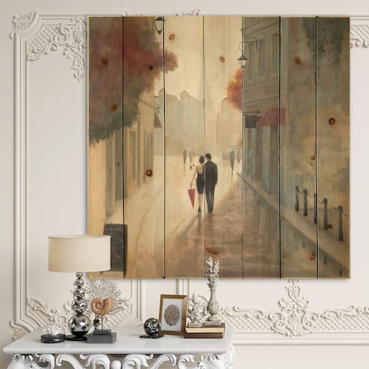 Designart - Paris Romance Couples II - Romantic French Country Print on Natural Pine Wood
